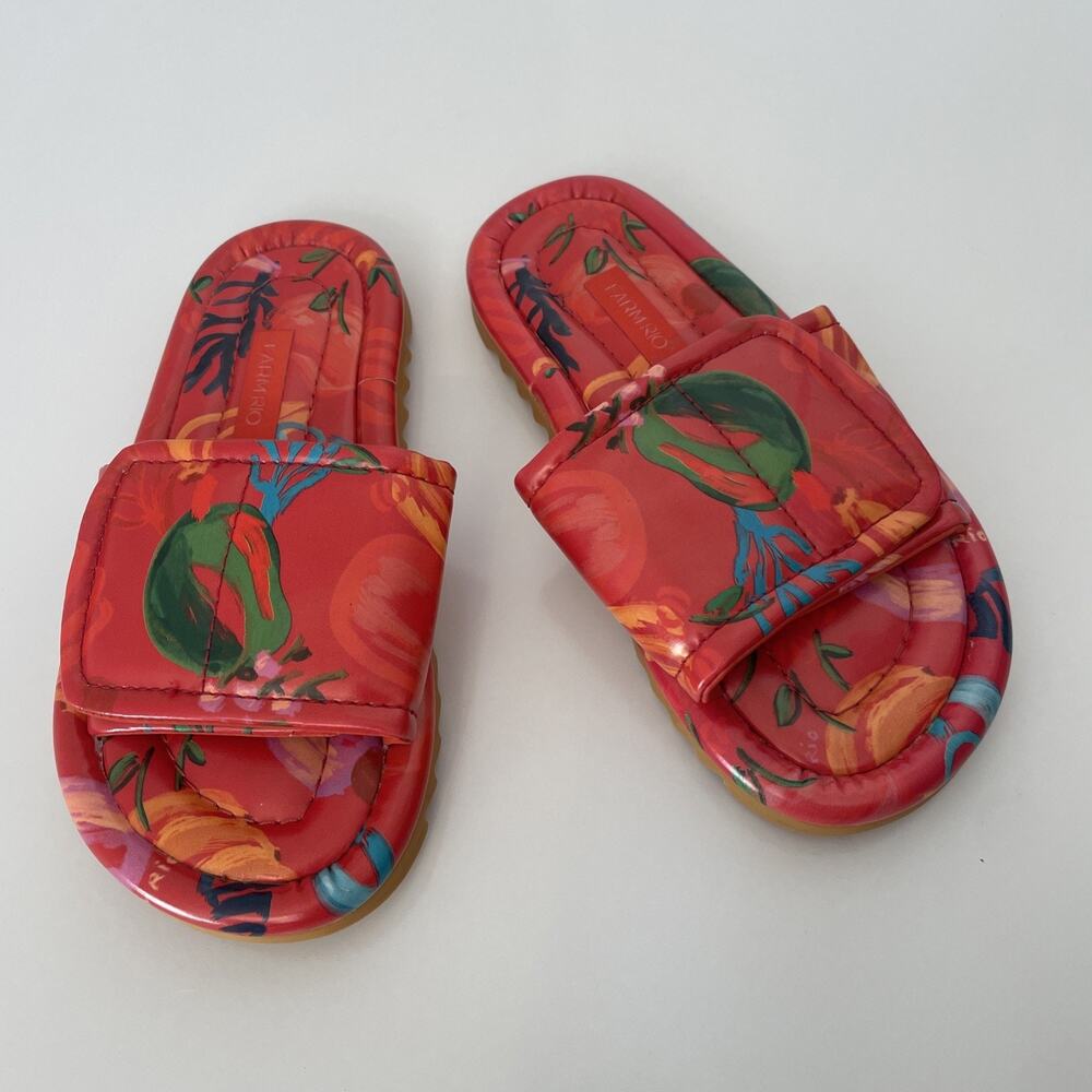 Farm Rio Pink Fruits Puffy Slide Sandals - Size 7 Orange Colorful Sandals EUC